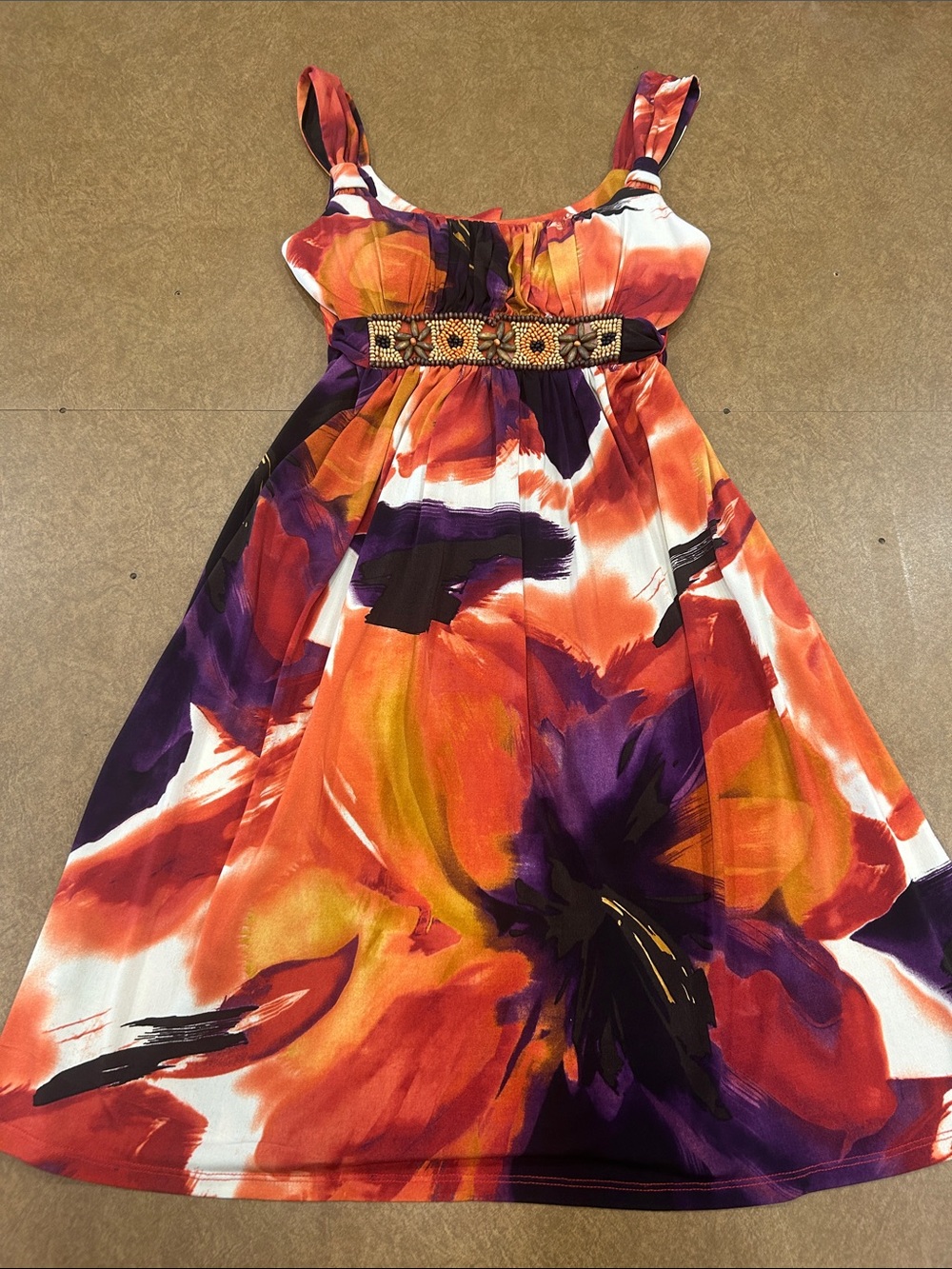 Vintage Bisou Bisou Orange & Purple Floral Boho Sundress with Beaded Waistband 8